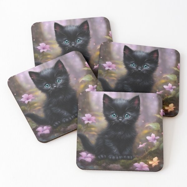 Item preview, Enchanted Forest pets black Cat Kitten in woods flowers artwork  designed and sold by FantasyMountain.