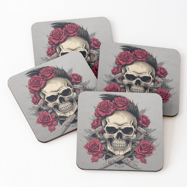 Artikelvorschau, Kunstwerk aus Totenkopf und Rosen mit gekreuzten Dolchen entworfen und verkauft von inkArtistryfine.