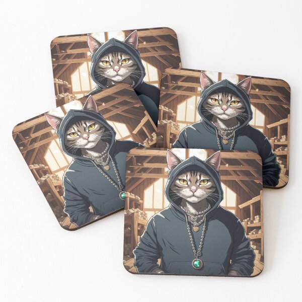 Item preview, gangster, grinning cat with a hoodie in a Barn, wearing jewelry designed and sold by tileartwork.