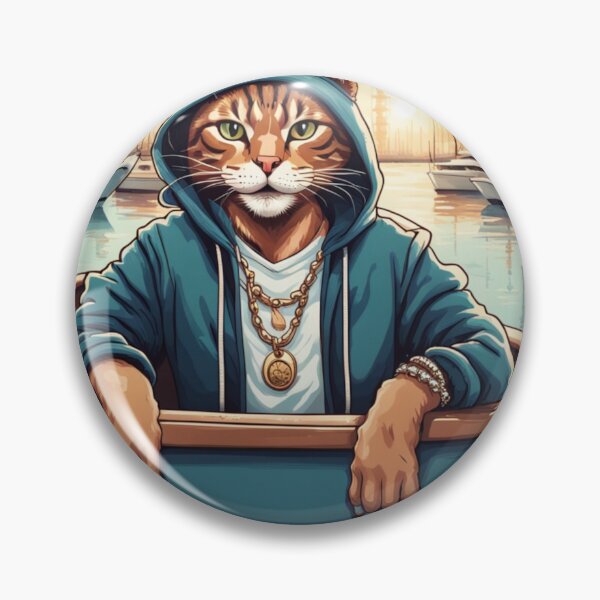 Item preview, gangster, grinning cat with a hoodie in a Boat or Marina, wearing jewelry designed and sold by tileartwork.