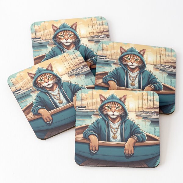 Item preview, gangster, grinning cat with a hoodie in a Boat or Marina, wearing jewelry designed and sold by tileartwork.