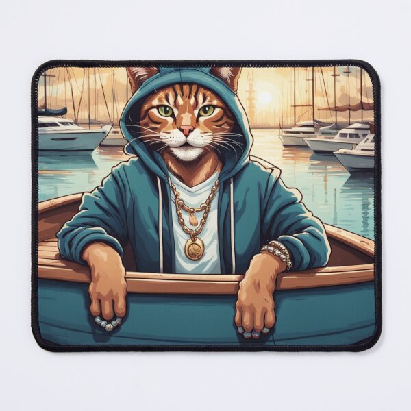 Item preview, gangster, grinning cat with a hoodie in a Boat or Marina, wearing jewelry designed and sold by tileartwork.