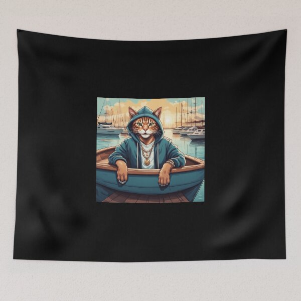 Item preview, gangster, grinning cat with a hoodie in a Boat or Marina, wearing jewelry designed and sold by tileartwork.