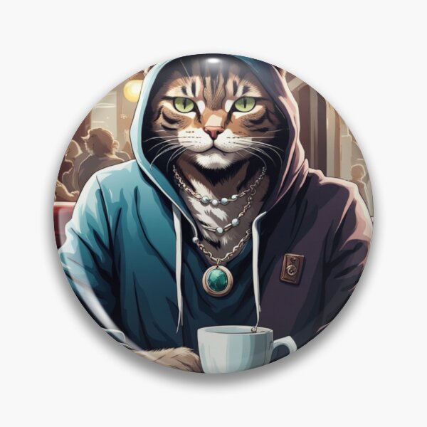 Item preview, gangster, grinning cat with a hoodie in a Café, wearing jewelry designed and sold by tileartwork.