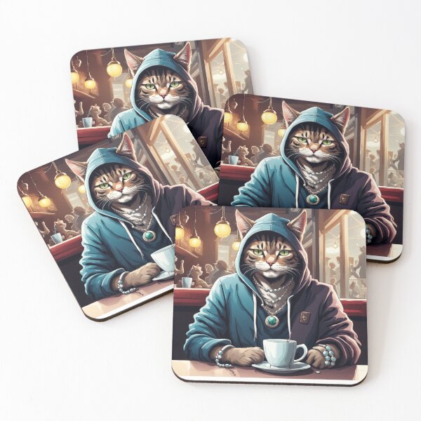 Item preview, gangster, grinning cat with a hoodie in a Café, wearing jewelry designed and sold by tileartwork.