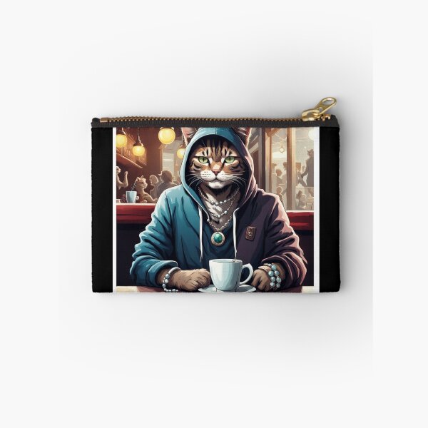 Item preview, gangster, grinning cat with a hoodie in a Café, wearing jewelry designed and sold by tileartwork.