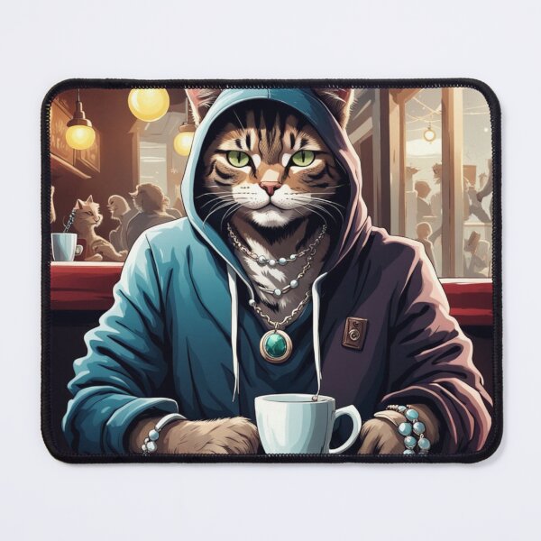 Item preview, gangster, grinning cat with a hoodie in a Café, wearing jewelry designed and sold by tileartwork.