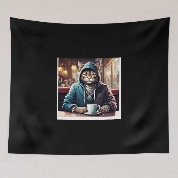 Item preview, gangster, grinning cat with a hoodie in a Café, wearing jewelry designed and sold by tileartwork.