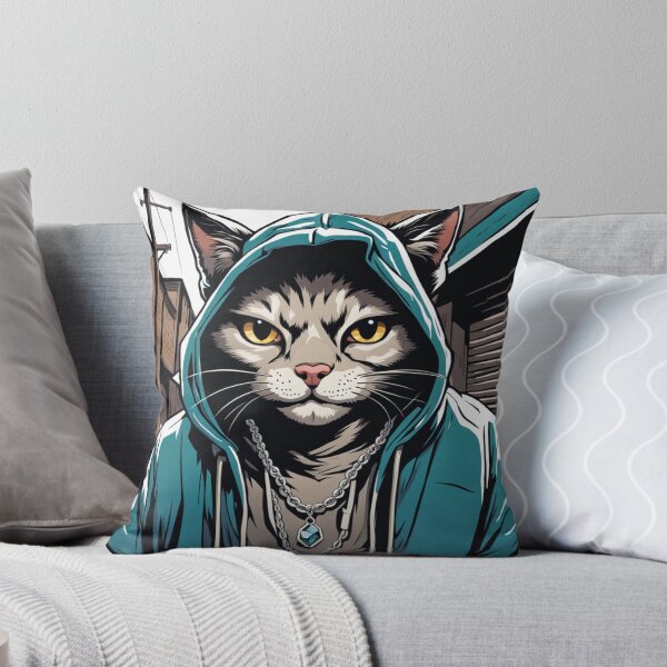 Item preview, gangster, grinning cat with a hoodie in a Dumpster or Alleyway, wearing jewelry designed and sold by tileartwork.
