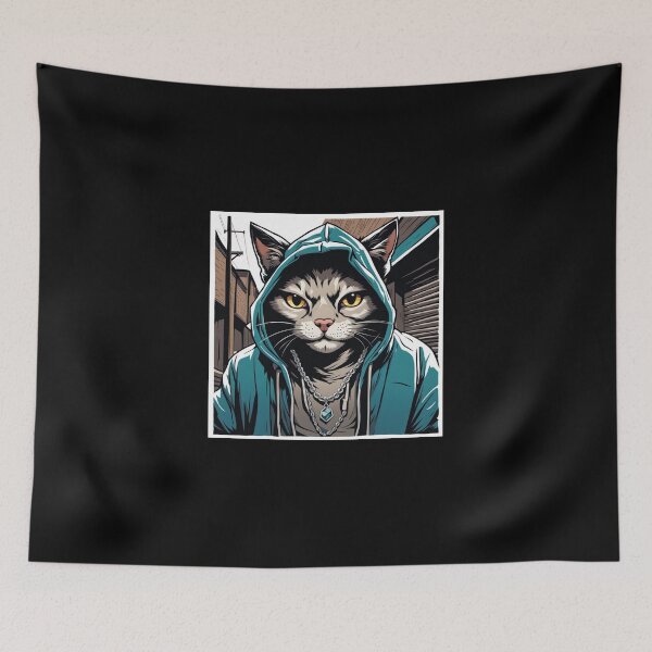 Item preview, gangster, grinning cat with a hoodie in a Dumpster or Alleyway, wearing jewelry designed and sold by tileartwork.