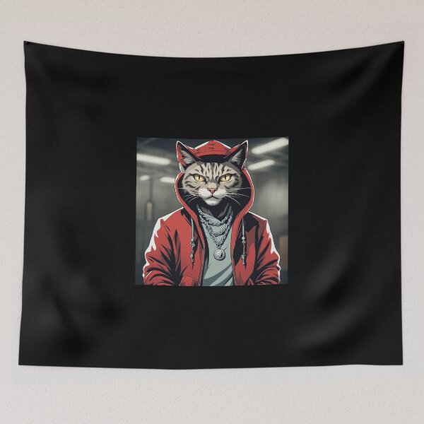Item preview, gangster, grinning cat with a hoodie in a Factory or Warehouse, wearing jewelry designed and sold by tileartwork.