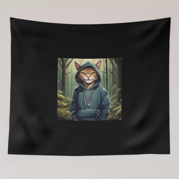 Item preview, gangster, grinning cat with a hoodie in a Forest or Wooded Area, wearing jewelry designed and sold by tileartwork.