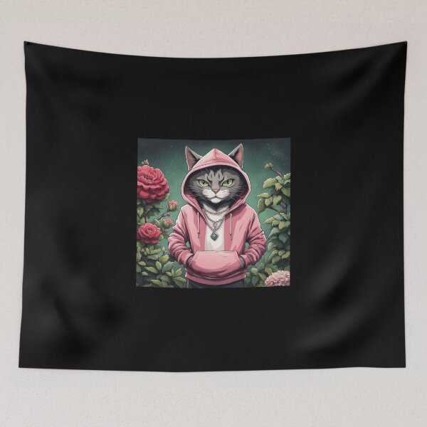 Item preview, gangster, grinning cat with a hoodie in a Garden, wearing jewelry designed and sold by tileartwork.