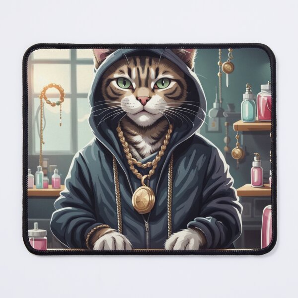 Item preview, gangster, grinning cat with a hoodie in a Grooming Salon, wearing jewelry designed and sold by tileartwork.