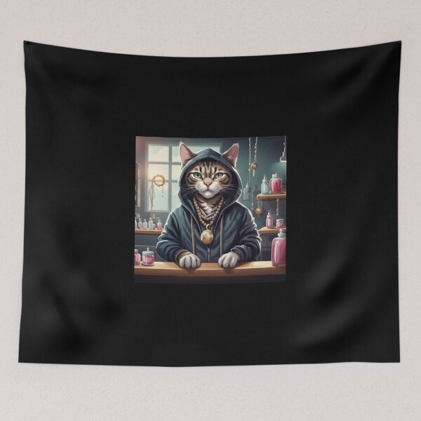 Item preview, gangster, grinning cat with a hoodie in a Grooming Salon, wearing jewelry designed and sold by tileartwork.