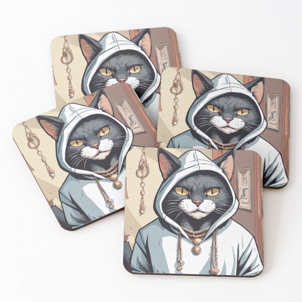 Item preview, gangster, grinning cat with a hoodie in a Home, wearing jewelry designed and sold by tileartwork.