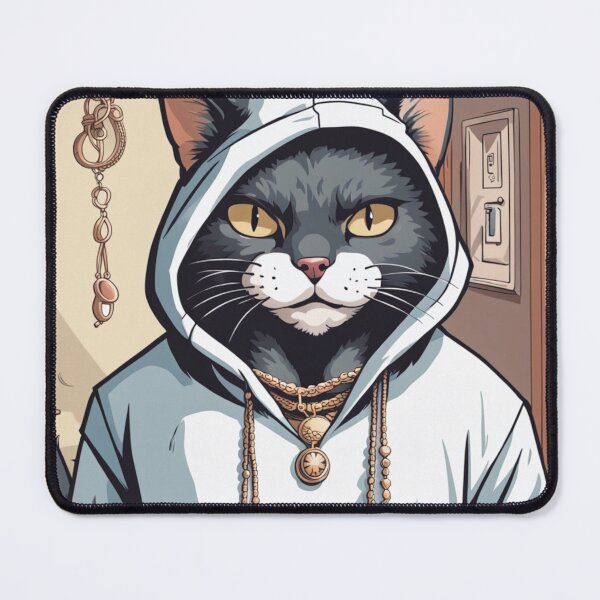 Item preview, gangster, grinning cat with a hoodie in a Home, wearing jewelry designed and sold by tileartwork.
