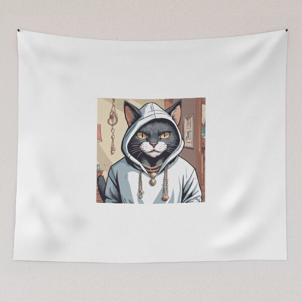 Item preview, gangster, grinning cat with a hoodie in a Home, wearing jewelry designed and sold by tileartwork.