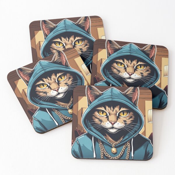 Item preview, gangster, grinning cat with a hoodie in a Hotel or Inn, wearing jewelry designed and sold by tileartwork.
