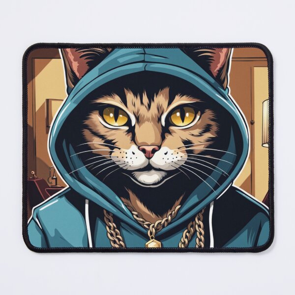 Item preview, gangster, grinning cat with a hoodie in a Hotel or Inn, wearing jewelry designed and sold by tileartwork.