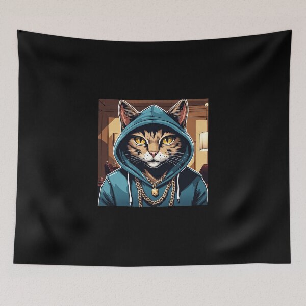Item preview, gangster, grinning cat with a hoodie in a Hotel or Inn, wearing jewelry designed and sold by tileartwork.
