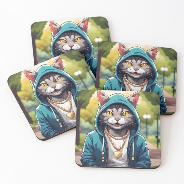 Item preview, gangster, grinning cat with a hoodie in a Park, wearing jewelry designed and sold by tileartwork.