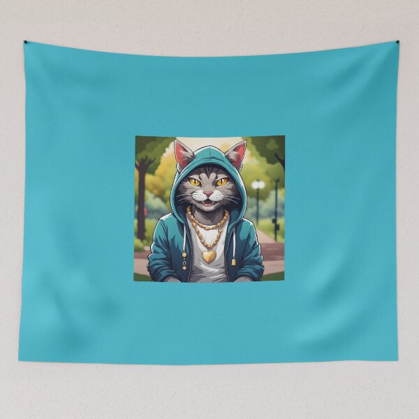 Item preview, gangster, grinning cat with a hoodie in a Park, wearing jewelry designed and sold by tileartwork.