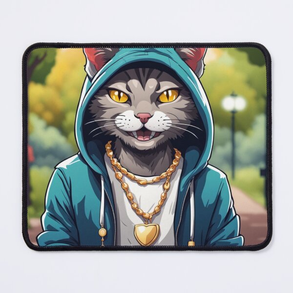 Item preview, gangster, grinning cat with a hoodie in a Park, wearing jewelry designed and sold by tileartwork.