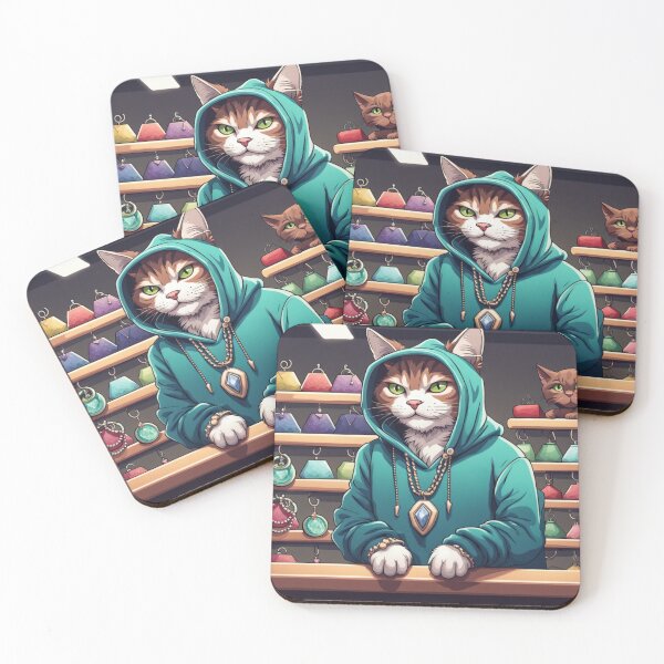 Item preview, gangster, grinning cat with a hoodie in a Pet Store, wearing jewelry designed and sold by tileartwork.