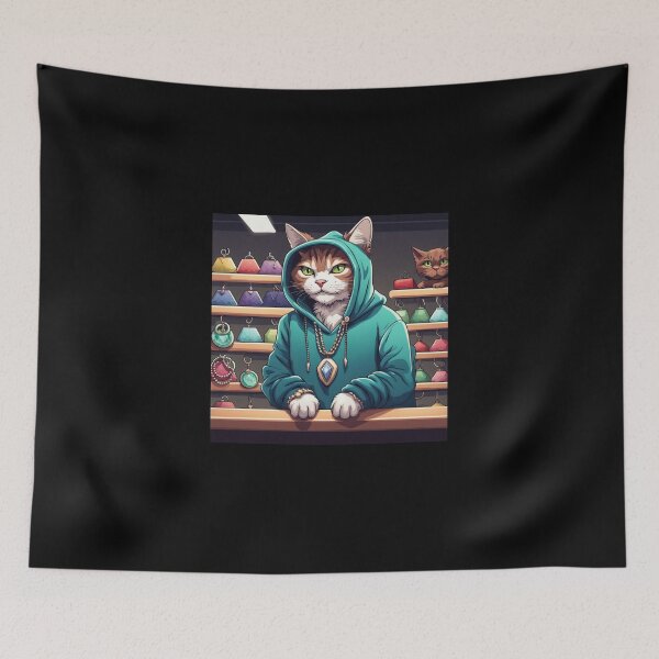 Item preview, gangster, grinning cat with a hoodie in a Pet Store, wearing jewelry designed and sold by tileartwork.