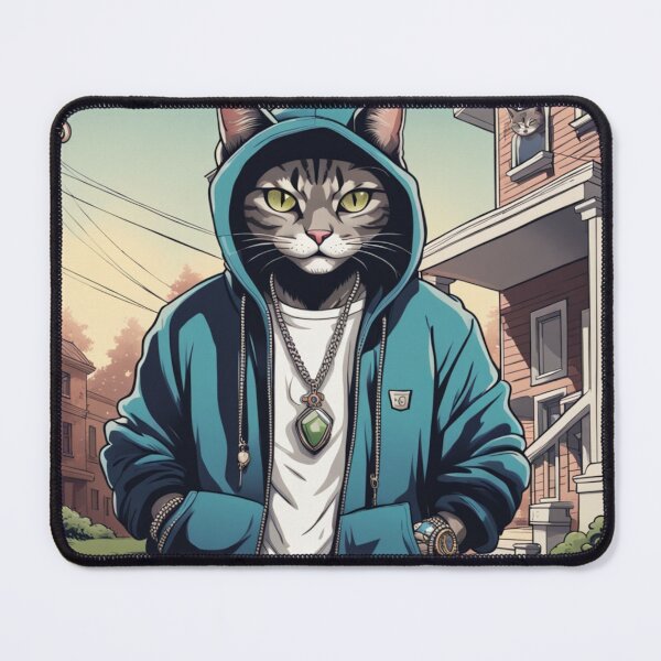 Item preview, gangster, grinning cat with a hoodie in a Residential Neighborhood, wearing jewelry designed and sold by tileartwork.