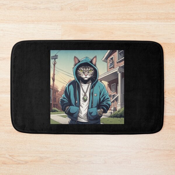 Item preview, gangster, grinning cat with a hoodie in a Residential Neighborhood, wearing jewelry designed and sold by tileartwork.