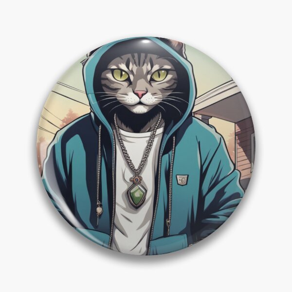 Item preview, gangster, grinning cat with a hoodie in a Residential Neighborhood, wearing jewelry designed and sold by tileartwork.