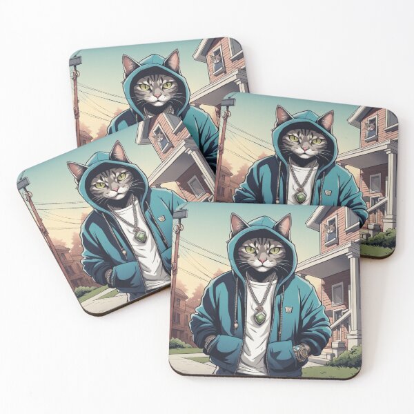 Item preview, gangster, grinning cat with a hoodie in a Residential Neighborhood, wearing jewelry designed and sold by tileartwork.