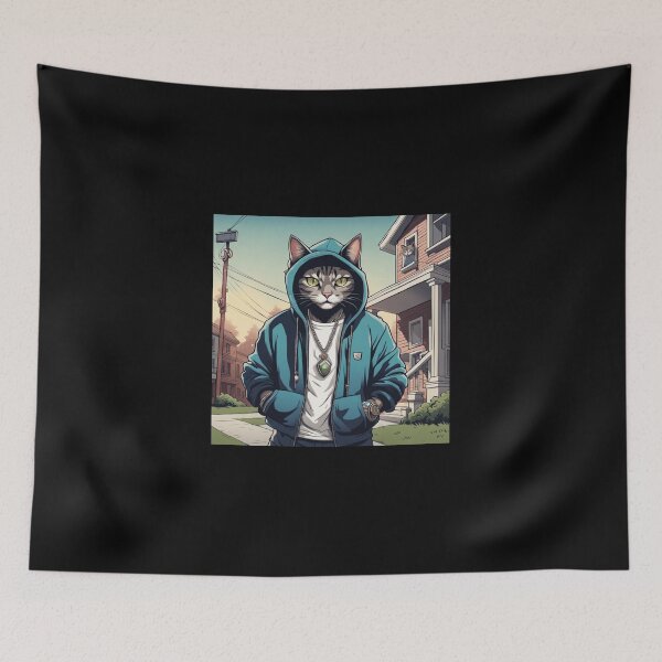 Item preview, gangster, grinning cat with a hoodie in a Residential Neighborhood, wearing jewelry designed and sold by tileartwork.