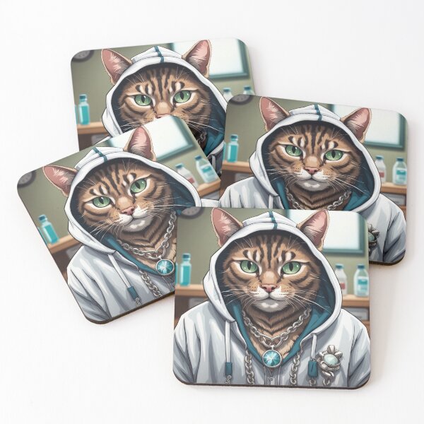 Item preview, gangster, grinning cat with a hoodie in a Veterinary Clinic, wearing jewelry designed and sold by tileartwork.
