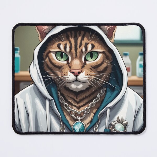 Item preview, gangster, grinning cat with a hoodie in a Veterinary Clinic, wearing jewelry designed and sold by tileartwork.
