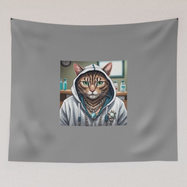 Item preview, gangster, grinning cat with a hoodie in a Veterinary Clinic, wearing jewelry designed and sold by tileartwork.