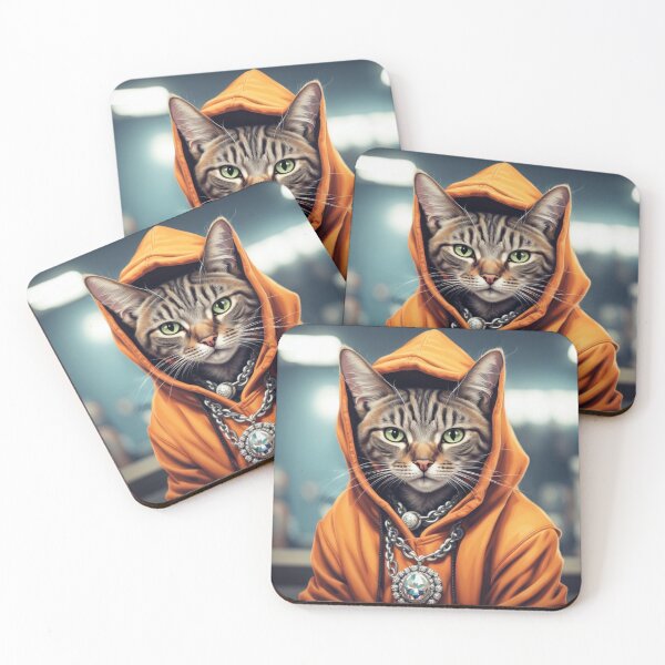 Item preview, gangster, grinning cat with a hoodie in an Animal Shelter, wearing jewelry designed and sold by tileartwork.