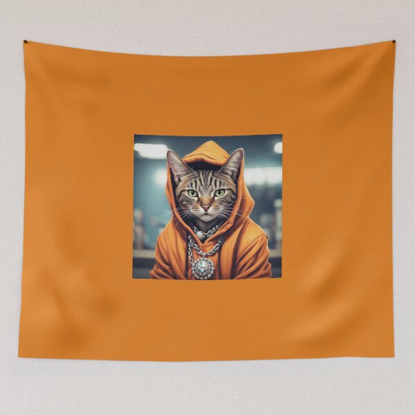 Item preview, gangster, grinning cat with a hoodie in an Animal Shelter, wearing jewelry designed and sold by tileartwork.