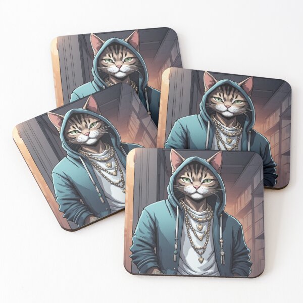 Item preview, gangster, grinning cat with a hoodie in an Empty Building, wearing jewelry designed and sold by tileartwork.