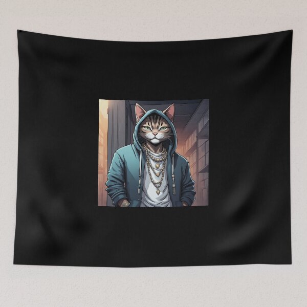 Item preview, gangster, grinning cat with a hoodie in an Empty Building, wearing jewelry designed and sold by tileartwork.