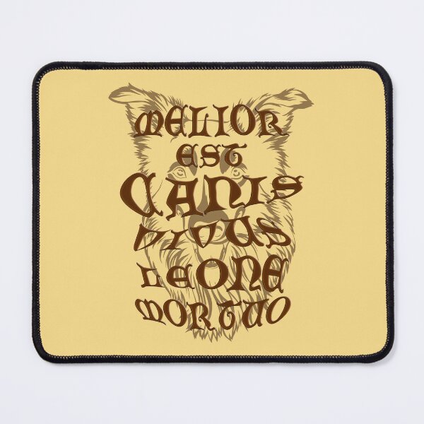 Item preview, Melior est canis vivus leone mortuo' meaning a living dog is better than a dead lion, Gothic letters with a bas-relief effect on the background of a dog's head in shades of brown designed and sold by SplashTastic.