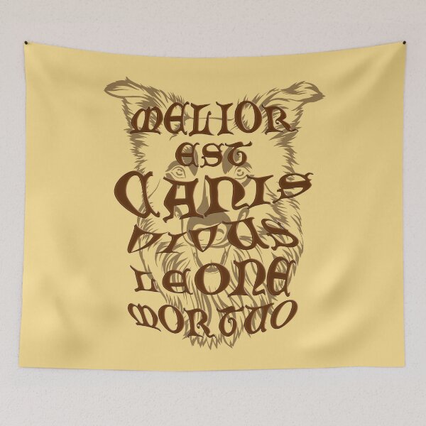 Item preview, Melior est canis vivus leone mortuo' meaning a living dog is better than a dead lion, Gothic letters with a bas-relief effect on the background of a dog's head in shades of brown designed and sold by SplashTastic.