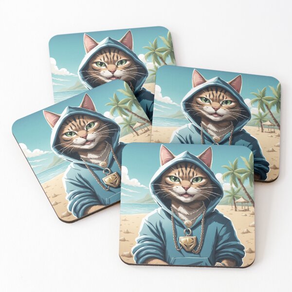 Item preview, gangster, grinning cat with a hoodie on a Beach, wearing jewelry designed and sold by tileartwork.