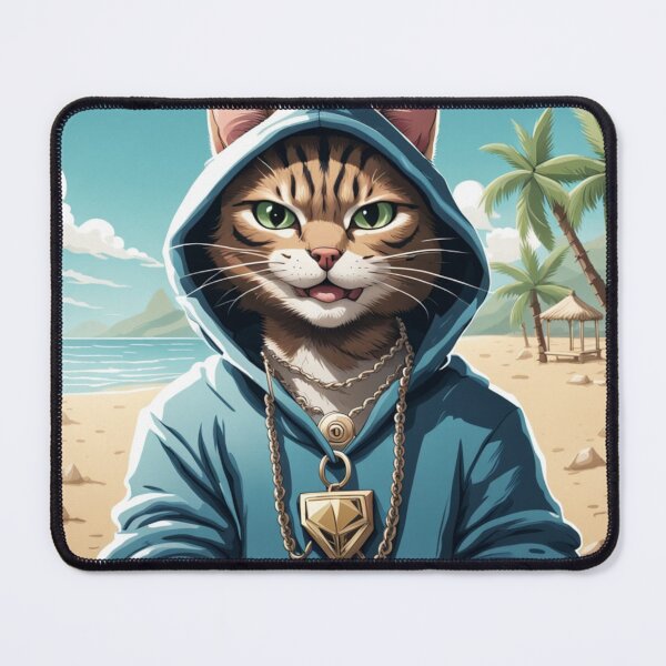 Item preview, gangster, grinning cat with a hoodie on a Beach, wearing jewelry designed and sold by tileartwork.