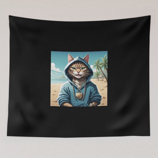 Item preview, gangster, grinning cat with a hoodie on a Beach, wearing jewelry designed and sold by tileartwork.