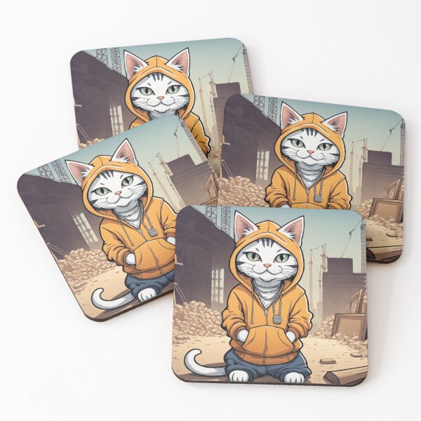 Item preview, gangster, grinning cat with a hoodie on a Construction Site, wearing jewelry designed and sold by tileartwork.