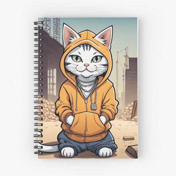 Aperçu de l'œuvre gangster, chat souriant avec un sweat à capuche sur un chantier de construction, portant des bijoux créée et vendue par tileartwork.