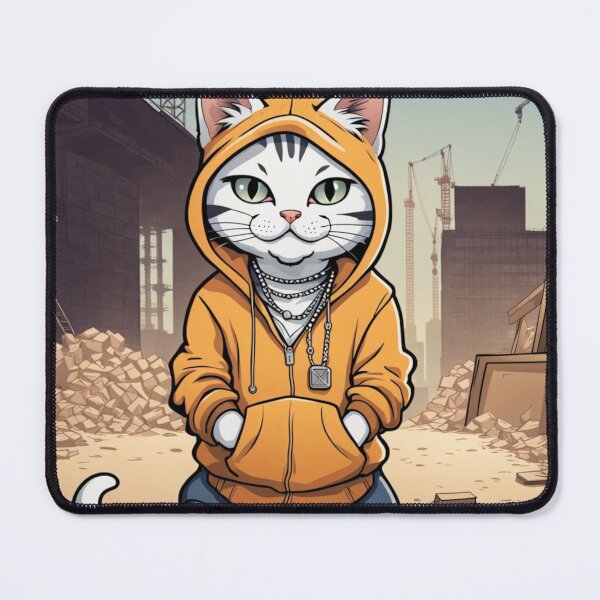 Item preview, gangster, grinning cat with a hoodie on a Construction Site, wearing jewelry designed and sold by tileartwork.